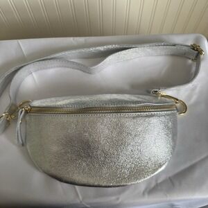 MARLON Italy Sling Bag Waist Belt Bag Leather Crossbody Purse Metallic Silver